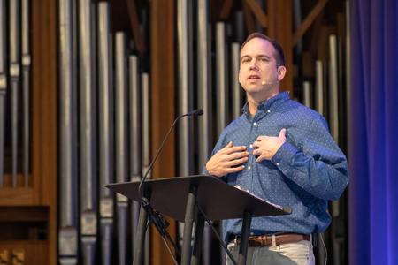 Lance Parrott, pastor of preaching and vision at Christ Fellowship Church in Bowling Green, Ky., speaks during the Homecoming Chapel. - Photo by Abigail Aspinwall