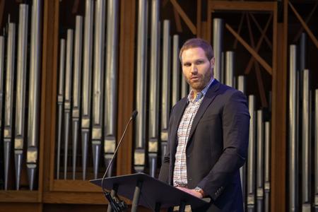 11/8/23 - Phil Davignon, chair and associate professor of sociology, speaks to students on identity and character during a chapel service. - Abigail Aspinwall