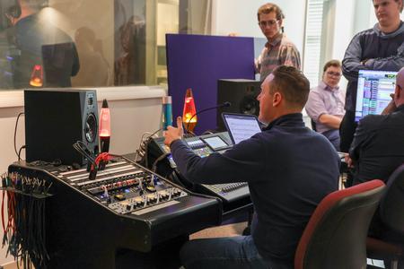 Phil Nitz, staff arranger and worship leader at Christ Church in Nashville, visits the recording studio to help Union students record some musical performances. - Photo by Karley Hathcock
