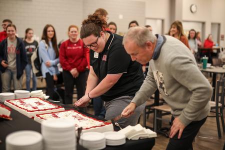 Dannie Harrington, SGA executive president, and President Oliver cut the cake at Union's 201st birthday celebration. - Photo by Karley Hathcock