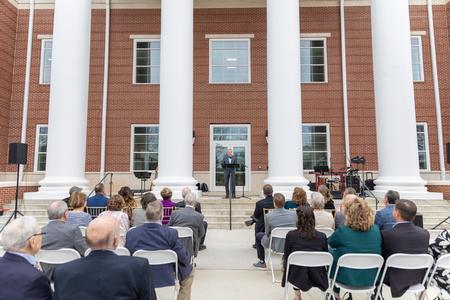 President Oliver welcomed guests at the dedication ceremony for The Ethos Forum, which houses the McAfee School of Business and departments of computer science and engineering. - Photo by Jim Gandy