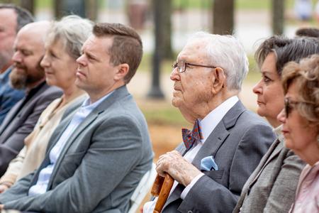 Hyran Barefoot (center), Union's 14th president, was in attendance for The Ethos Forum dedication. He championed the building from the beginning and gave significant gifts to ensure its completion. The Joyce Barefoot Lobby on the first floor of the building is named in memory of Barefoot's wife, the 14th first lady of Union.  - Photo by Lyla Dietz