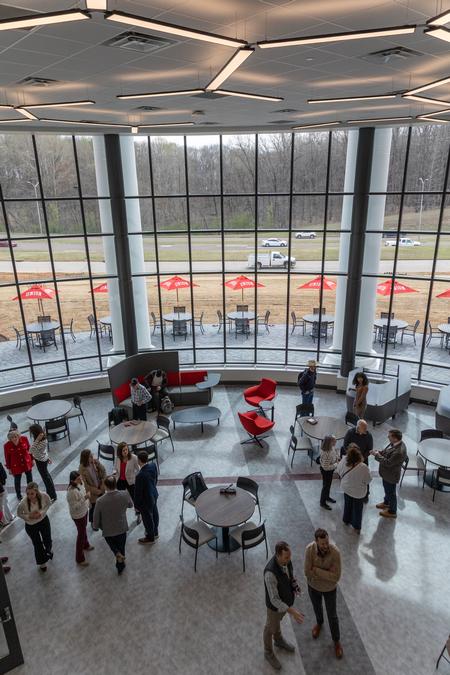 Students, alumni, donors, and guests check out the co-working commons in The HUB during The Ethos Forum dedication. - Photo by Jim Gandy