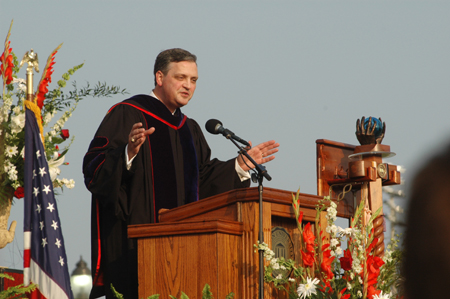 R. Albert Mohler Jr., president of Southern Baptist Theological Seminary in Louisville, Ky., gives the commencement address entitled <i>While it is Day: Living as if Time Mattered.</i> - Photo by Jim Veneman