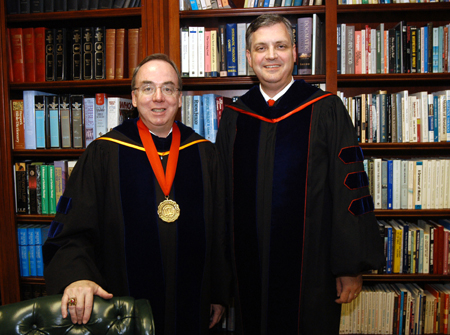President Dockery poses with commencement speaker R. Albert Mohler Jr., president of Southern Baptist Theological Seminary in Louisville, Ky. shortly before spring graduation. - Photo by Morris Abernathy
