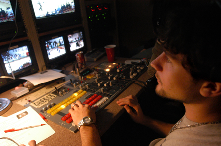 Junior Wesley Calvert technical directs Union's first live broadcasts of the basketball games. The games are being carried on the E Plus channel, offered through Jackson Energy Authority's cable service. - Photo by Kristen Nicole Sayres