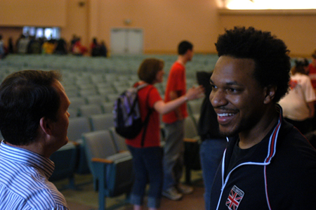 Alum Will Gray fellowships after his band Scratch Track performed during chapel. - Photo by Kristen Nicole Sayres