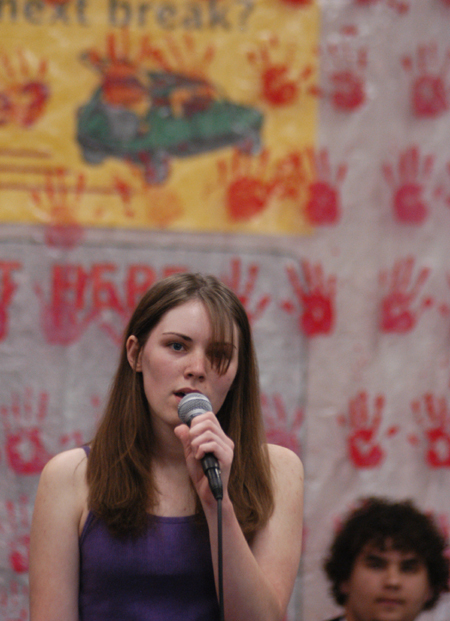 Bess Perrier, lead singer of Bellwether, performs as Ryan Sidhom looks on during their set at the Battle of the Bands event hosted by the Freshman Council to support Relay for Life. - Photo by Kristen Nicole Sayres