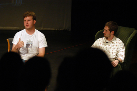 DMS major Trae Cadenhead talks about his films <i>500 Goggles</i> and <i>Within A Room Somewhere</i> with host Eric Murrell during the 2004 Student Film Festival. - Photo by Jonathan Blair