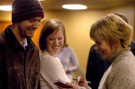 Kathy Southall, director of residence life, jokes with Senior Brandon Emerson and Junior Julie Laugherty while taking their order at Union's Homecoming Coffeehouse featuring Andrew Peterson. - Photo by Kristen Nicole Sayres