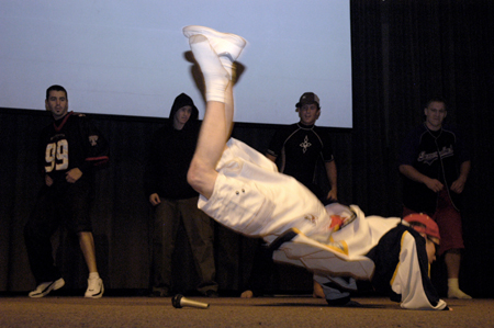 The Onions get funky during the Variety Show.  Pictured: (back row) Drew Zimmer, Ryan Gillespie, Brett Jenkins, & Kevin McDaniel; (dancing) Adam Winters. - Photo by Kathleen Murray
