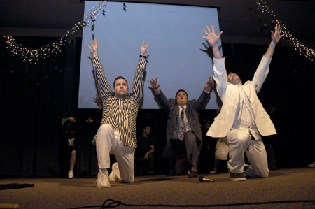 The big finish to the Onions' entry to the Variety Show. Pictured: (front) Mark VanderHaar, Jon Blair, Patrick Myers; (back row) Drew Zimmer, Ryan Gillespie, Brett Jenkins. - Photo by Kathleen Murray