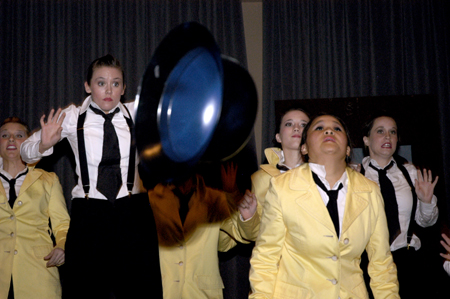 Zetas Shauna Hudson, Ashley Sowards, Kylie Brown, Kari Mynatt, and Misty Greer perform in the Variety Show. - Photo by Kathleen Murray