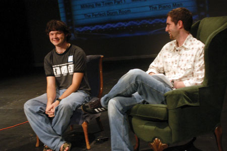 DMS major Tyson Cadenhead talks about his films <i>The Perfect Dorm Room, The Piano Man, The Last Supper</i>, and <i>2241</i> with host Eric Murrell during the 2004 Student Film Festival. - Photo by Jonathan Blair