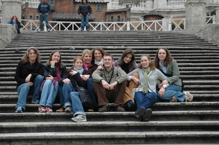 Sara Nadaskay, Amanda Herron, Patricia Williams, Beth McDowell, Liz Cannava, Ron Holley, Jenny Brewer, Shelley Harry and Anna Pashley in Rome during their Study Abroad trip. - Photo by Amanda Herron
