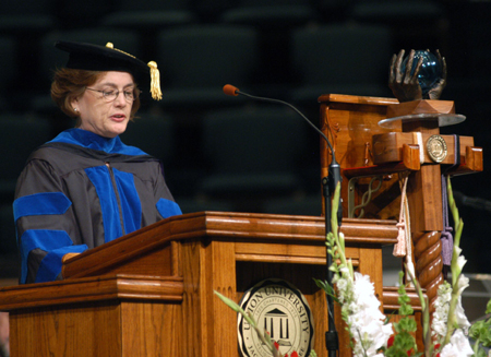 Carolyn Bishop, president and international director of the Consortium for Global Education in Marietta, Ga., brought the commencement address. Bishop encouraged graduates to be willing to compete globally, but to temper such competition with a spirit of cooperation.  - Photo by Morris Abernathy