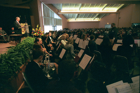 The Union Symphonic Orchestra prepares for chapel as Dr. Dockery welcomes a full chapel prepared to listen to Chuck Colson. - Photo by Jim Veneman