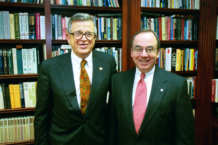 President David S. Dockery and Chuck Colson pose for a photo prior to Mr. Colson's chapel address. - Photo by Jim Veneman