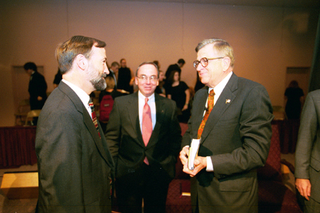Chuck Colson, President David S. Dockery, and Dr. Hal Poe share a moment shortly after the Colson chapel service. - Photo by Jim Veneman