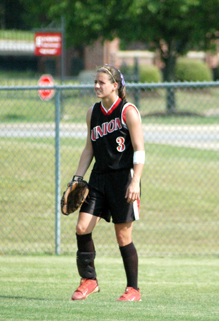 Holly Haycraft stands ready in center field during the NAIA Region XI Tournament at Union. Union would go on to win the tounament and advance to the NAIA Softball National Championship. - Photo by Steven Aldridge