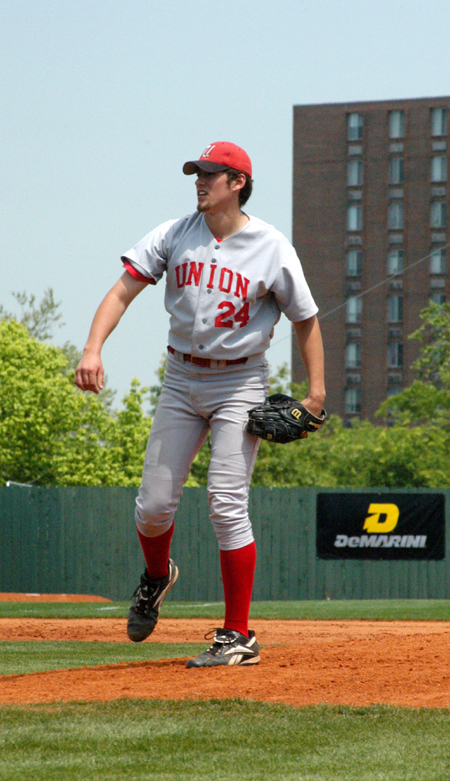 Freshman pitcher Ben Arys warms up prior to an inning in the semifinals of the TranSouth Conference Tournament versus Trevecca Nazarene. - Photo by Julie Powell