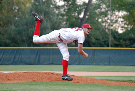 Daniel Adams delivers a pitch during Union's run to the winner's bracket championship in the 2005 TranSouth Conference Tournament. - Photo by Steven Aldridge