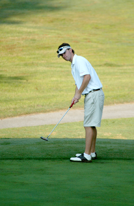 Drew Cannon watches his put from the edge of the 18th green during the Union University/Hidden Valley Invitational. - Photo by Steven Aldridge