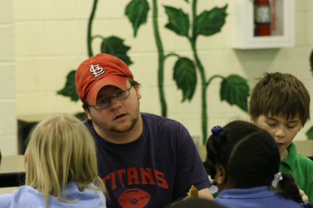 Paul Cornwell spent time with students at South Elementary during his Day of Remembrance service project. - Photo by Derek Ownby
