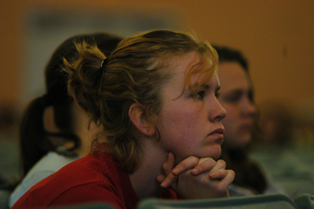 Katrina Parker listened closely to George Guthrie's message during the Day of Remembrance chapel service. - Photo by Heather Phillips
