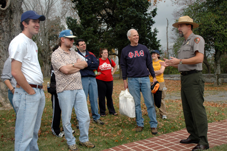 Park Superintendent Steven McCoy (right) welcomes history faculty and students to Fort Donelson National Battlefield during Union's Day of Remembrance.  Day of Remembrance participants pictured in the photo are: (left to right) Jared Myracle, Dr. Terry Lindley, Professor Keith Bates, Cassie Harris, Dr. Stephen Carls, and Jennifer May. - Photo by Jim Veneman