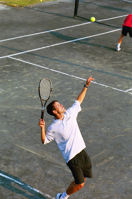 Philippe Sylvestre and other members of the men's tennis team were able to lead a tennis clinic with prospective students during Union University Day at Shiloh Ridge. - Photo by Justin Veneman