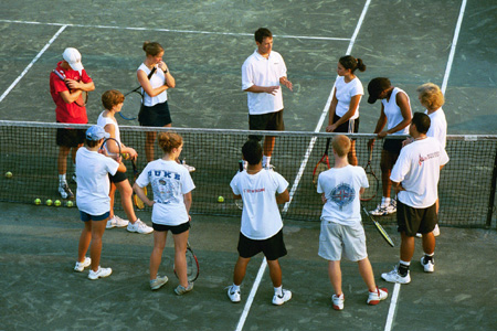 Members of the men's & women's tennis team were able to lead a tennis clinic with prospective students during Union University Day at Shiloh Ridge. - Photo by Justin Veneman