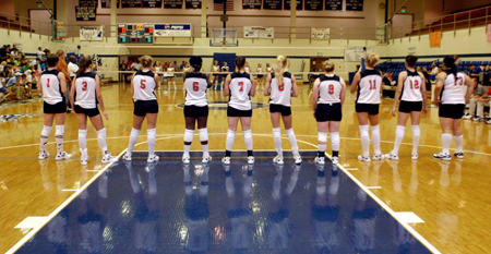 The Union University Volleyball team waits during the introductions in a regular season match at Lambuth.  Union won the match 3-2. - Photo by Brad Moore