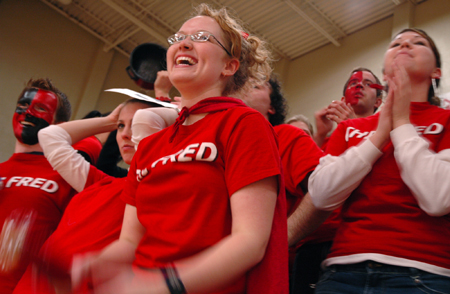Rachel Melton cheers on the Lady Bulldogs with fellow students at the Lambuth game. - Photo by Kristen Nicole Sayres