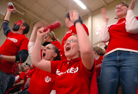 Rachel Melton cheers on the Lady Bulldogs with fellow students at the Lambuth game. - Photo by Kristen Nicole Sayres