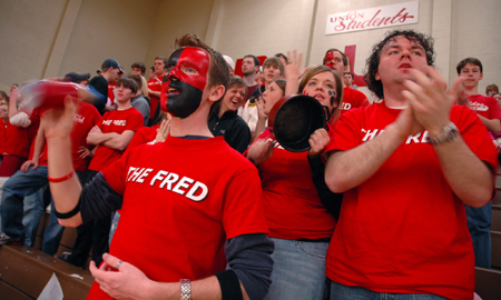 Matt Taylor and Josh Clarke cheer on the Lady Bulldogs at the Lambuth game. - Photo by Kristen Nicole Sayres