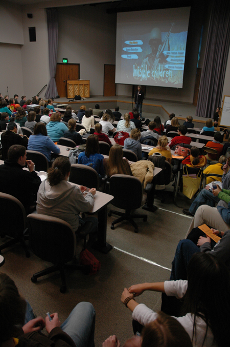 Students gathered in Harvey Hall for a showing of <em>Invisible Children</em>. - Photo by Kristen Nicole Sayres