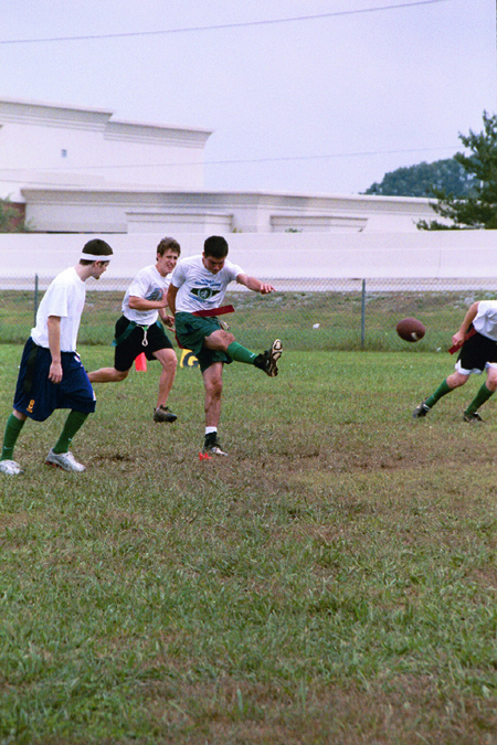 John Reed, Jonathan Grimm, and Kyle Edwards kickoff for Onions 1 in an intramural football game during Family Weekend 2002. - Photo by Lindsay Stavish