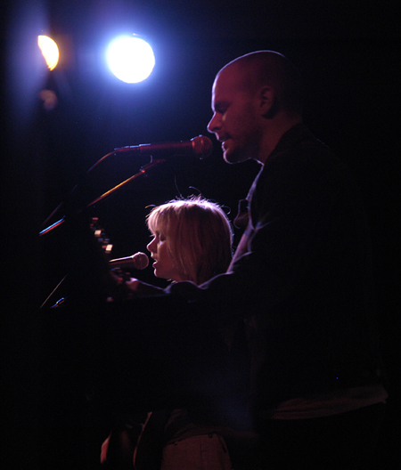 Sandra McCracken and Derek Webb sing together at the Homecoming Coffeehouse. - Photo by Stephanny Rodriguez