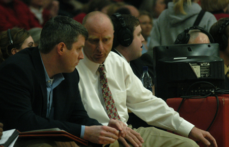 Union assistant coach David Niven (left) and head coach Ralph Turner talk over the situation during a game at Union's Fred DeLay Gymnasium. - Photo by Heather Phillips