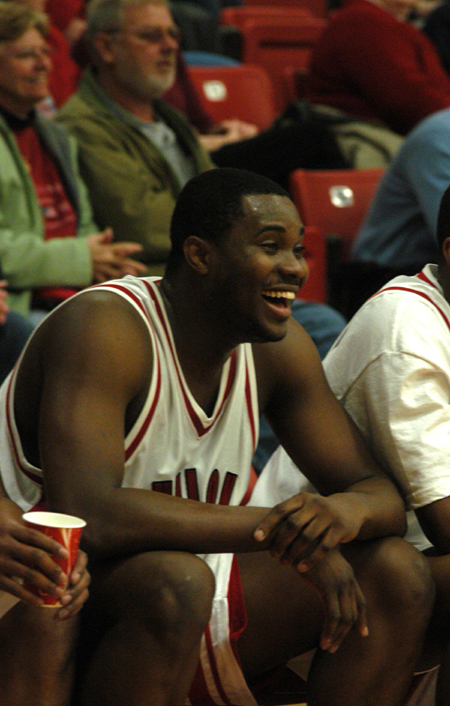 Junior center Pierry Valmera gets a laugh during the final seconds of Union's homecoming win over No. 1 ranked Mountain State (W. Va.). - Photo by Heather Phillips