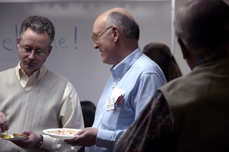 John David Barham, associate vice president for information systems, and Richard Dehn, associate professor of mathematics, fellowship at the mathematics alumni gathering during Homecoming 2006. - Photo by Stephanny Rodriguez