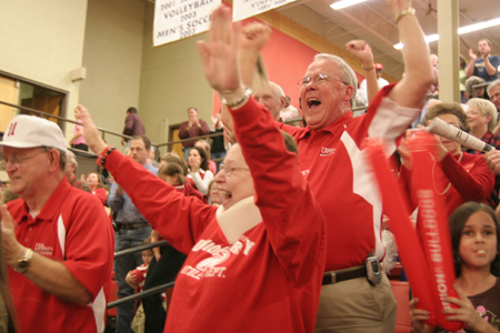 Union boosters and fans stand up and cheer following a Union victory at Fred DeLay Gymnasium. - Photo by Kyle Kurlick