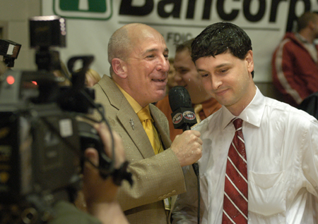 Union broadcaster Steve Beverly interviews Mark Campbell, one of America's most successful basketball coaches at any level. Campbell has won 226 games in just seven seasons as head coach of the Lady Bulldogs - Photo by Jim Veneman
