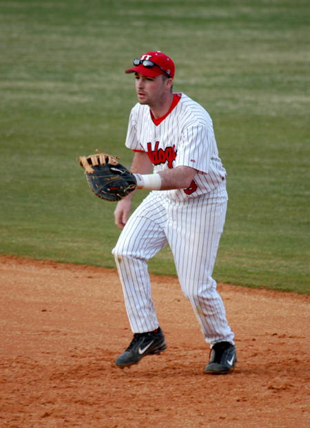 Junior Garrett Pepper gets into his defensive position at first base. - Photo by Steven Aldridge
