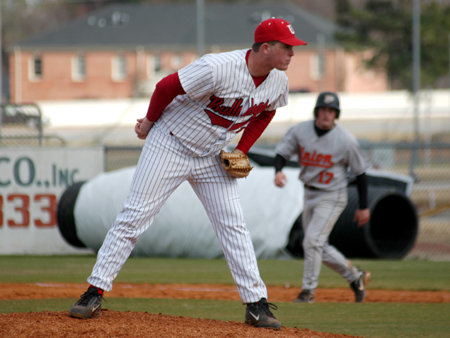 Freshman pitcher Zane Adams gets his sign prior to a pitch in his first college start during his 6-1 victory over Union (Ky.). - Photo by Steven Aldridge