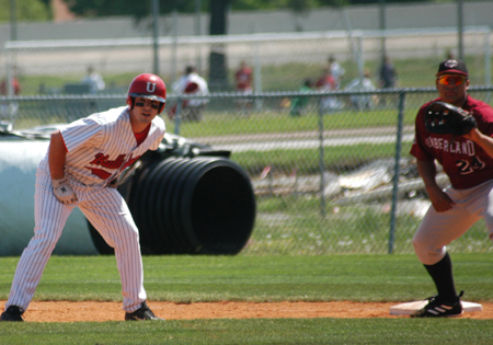 Junior Garrett Pepper takes a lead from first base during a game versus Cumberland University at Union's Fesmire Field. - Photo by Steven Aldridge
