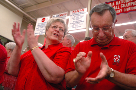 Union fans and boosters stand and cheer the 2006 Union Lady Bulldogs at an April 7 celebration honoring their 2006 NAIA National Title. - Photo by Kristen Nicole Sayres
