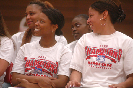 Lady Bulldog players Jessica Graves (left) and Tiffany Fisher, along with their teammates, enjoy the festivities of a celebration in their honor after winning the 2006 NAIA National Championship. - Photo by Kristen Nicole Sayres