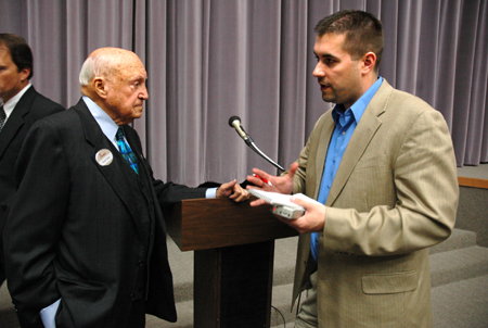 Tim Ellsworth, director of news & media relations, interviews Truett Cathy, founder of resturaunt chain Chick-Fil-A, for a news story. - Photo by Kristen Nicole Sayres